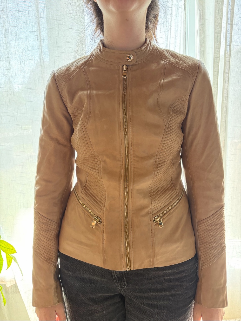 Danier Camel Leather Moto Jacket with Quilted Panels